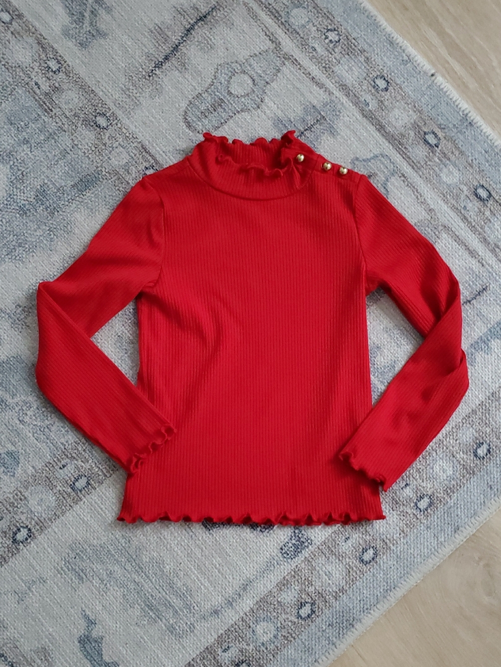 Janie and Jack Girls Red Ribbed Turtleneck Ruffle Gold Buttons Shirt Sz4